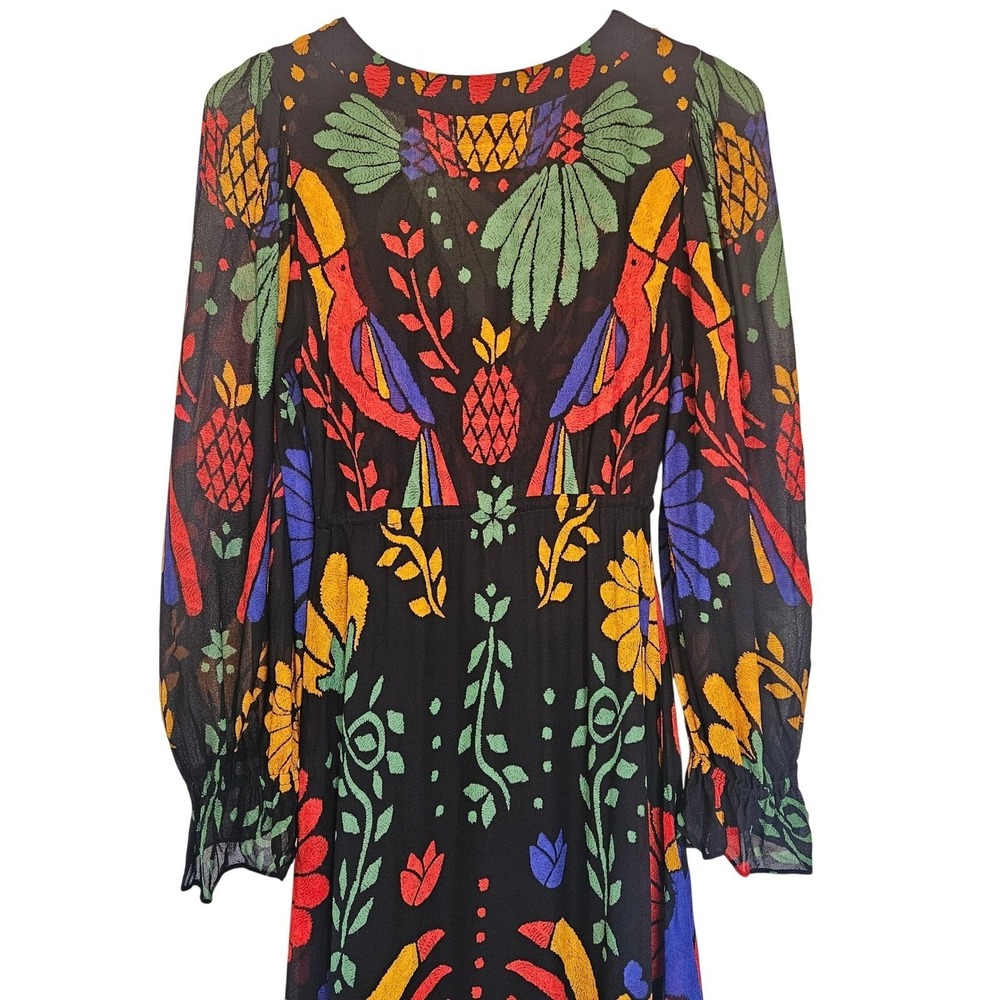 Farm Rio Black Tropical Toucan Floral V-Neck Maxi Dress S Long Puff Sleeve Boho - Picture 10 of 16